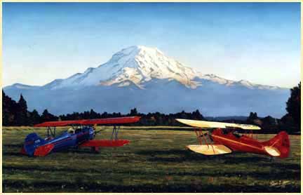 Sam Lyons' original print made from his painting at Wax Orchards on Vashon Island of our Travel Air and Waco UPF-7. 